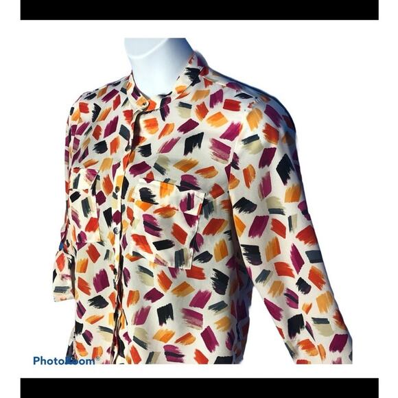 Anne Klein Novelty Print Mandarin Neck Blouse Medium Silver Buttons - Picture 4 of 14